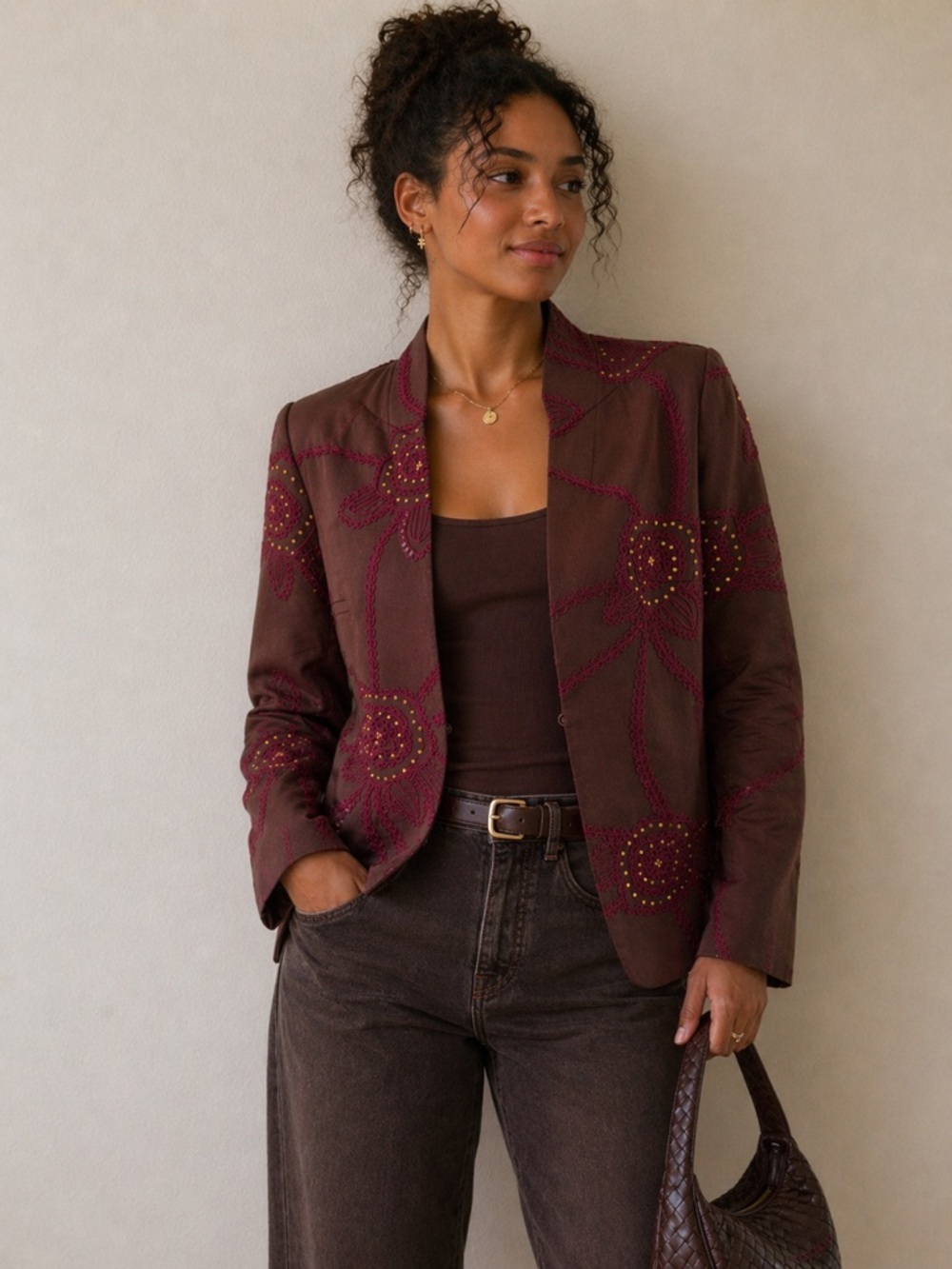 Due Per Due Size 10 Embroidered Floral Blazer Brown Burgundy Sequin Detail